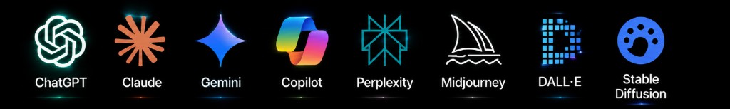 ChatGPT, Claude, Gemini, Copilot, Perplexity, Midjourney, DALL·E, Stable Diffusion