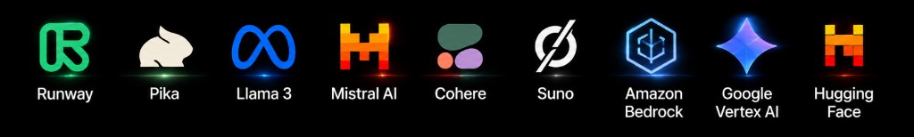 Runway, Pika, Llama 3, Mistral AI, Cohere, Suno, Amazon Bedrock, Google Vertex AI, Hugging Face