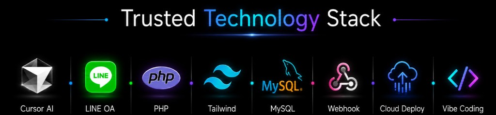 Trusted Technology Stack — Cursor AI, LINE OA, PHP, Tailwind, MySQL, Webhook, Cloud Deploy, Vibe Coding